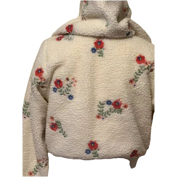 Urban Outfitter Sherpa Jacket Medium Nature Flower Hood Ribbed Waistband Zipper - Picture 3 of 15